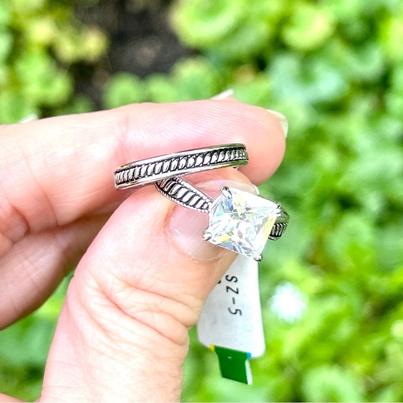 NWT HUGE Princess Cut Rhinestone Solitaire Ring Set Bridal Set - Picture 1 of 2